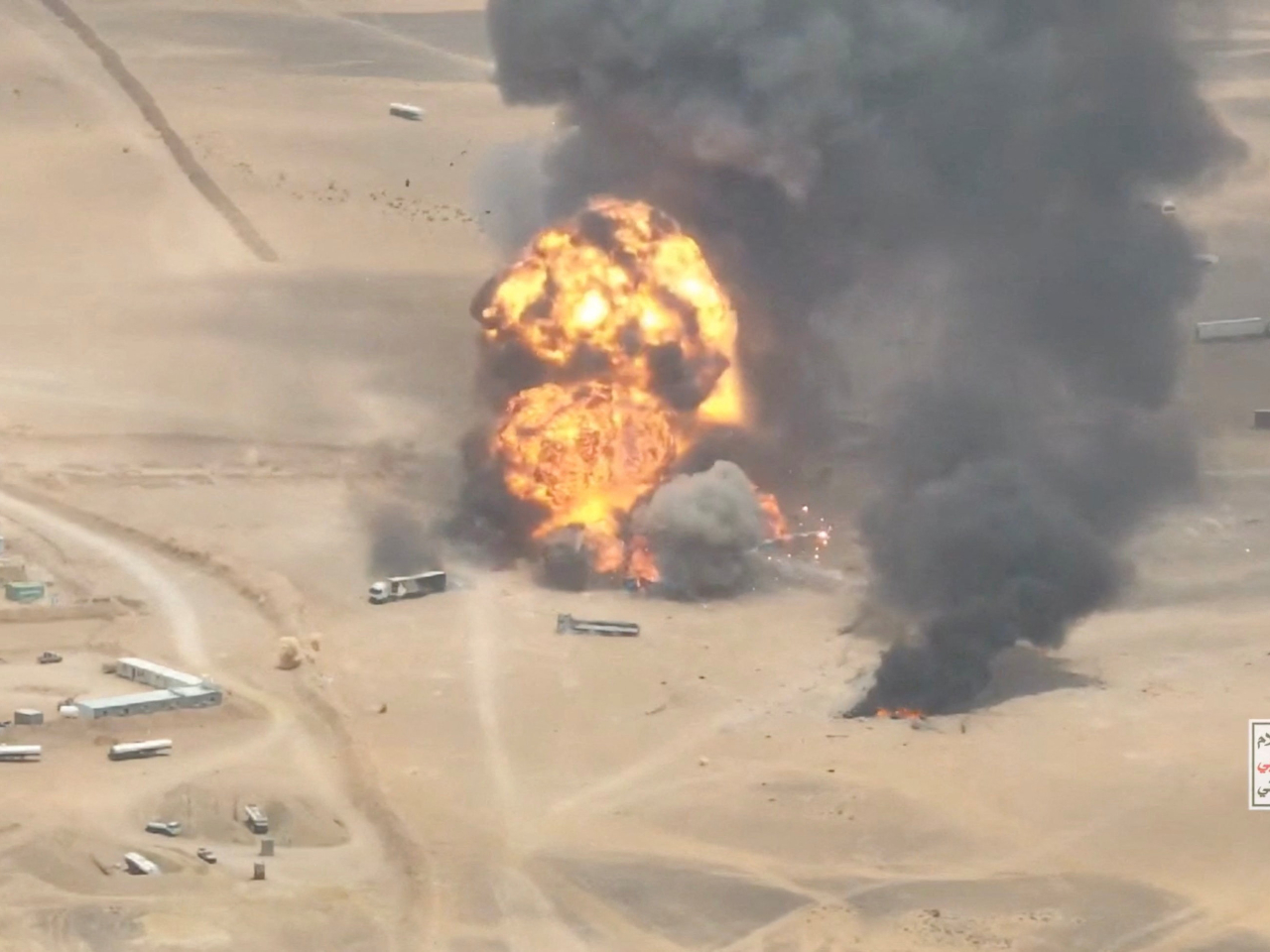Trucks explode as Houthis target semis coming from Saudi territory at Al-Wadiah border crossing on the Saudi-Yemen border. Photo: Houthi Media Centre via Reuters