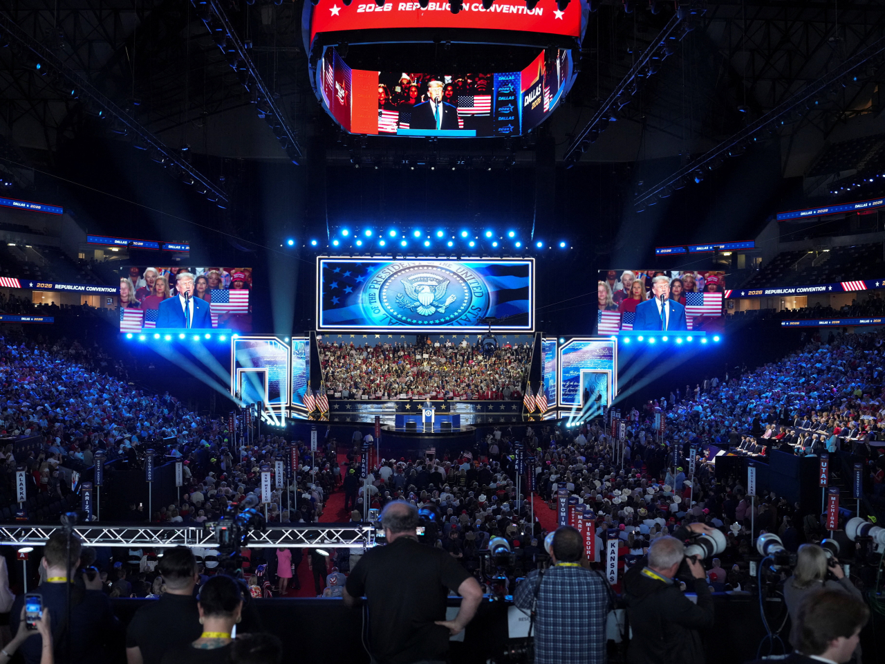 Donald Trump looms large over the first ever Republican national midterm convention in Dallas. Photo: Reuters