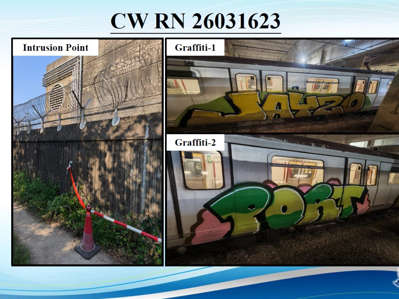 柴灣港鐵車廠的一節車廂外懷疑被人噴上兩幅塗鴉。（警方提供）