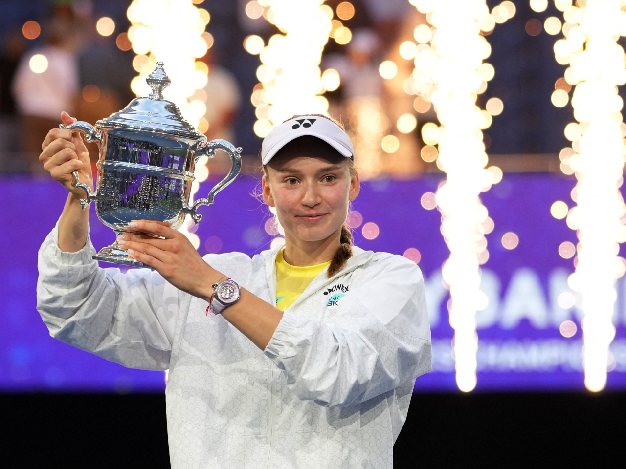 Kazakhstan's Elena Rybakina celebrates with the winner's trophy after her final match against Belarus' Aryna Sabalenka in the US Open final. Photo: Reuters