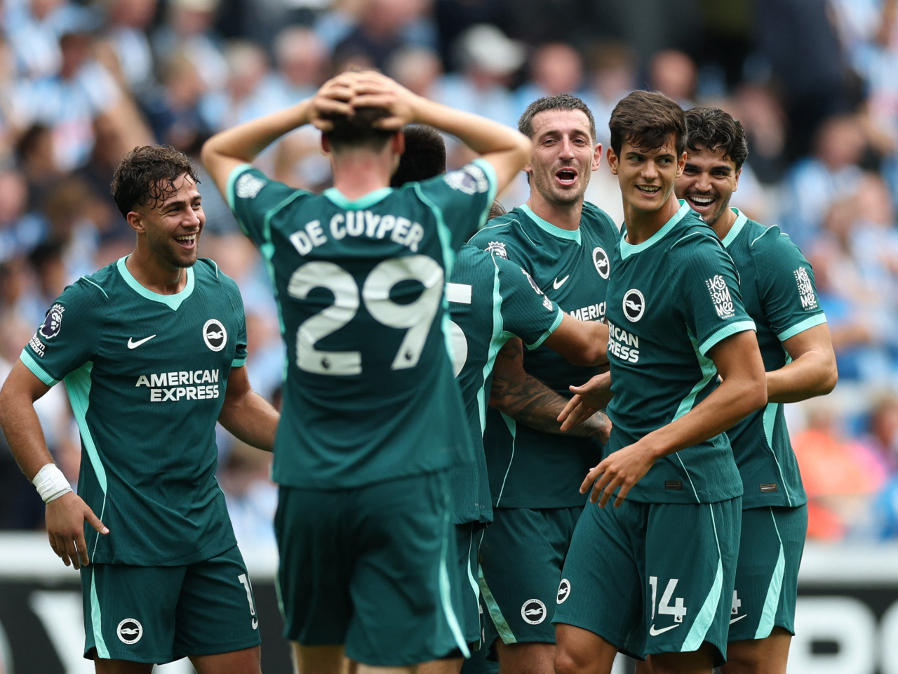 Brighton and Hove Albion celebrate after their fourth goal. Photo: Reuters