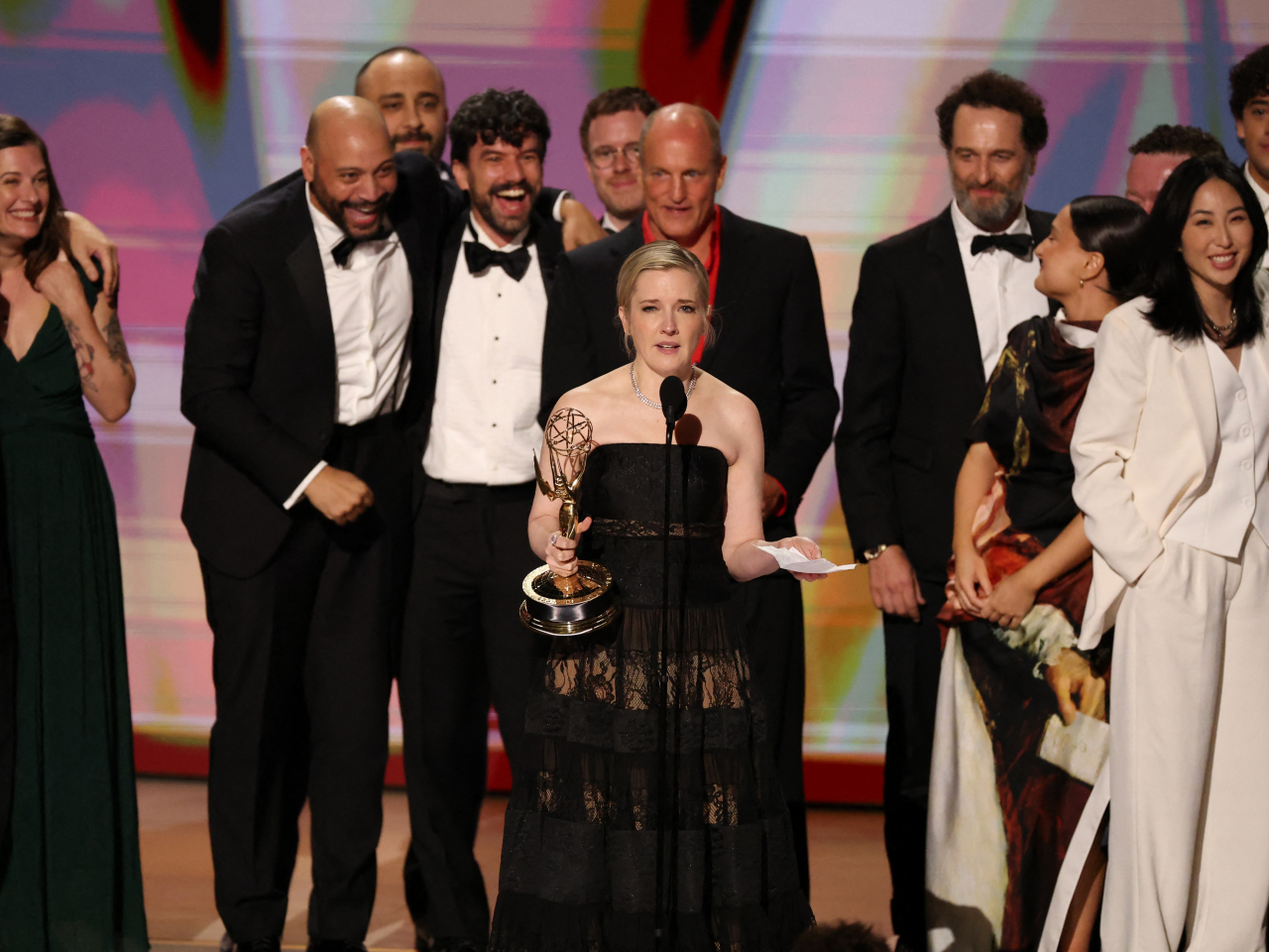 Katie Dippold and the cast and crew accept the award for Outstanding Comedy Series Emmy Award for 'Widow's Bay'. Photo: Reuters