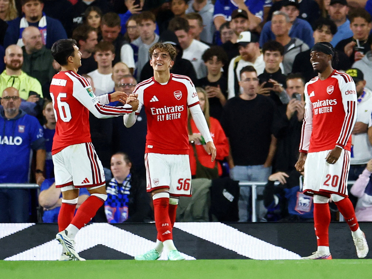 Teenage star Max Downman scored his first ever senior goals for Arsenal by netting a stunning brace against Ipswich. Photo: Reuters