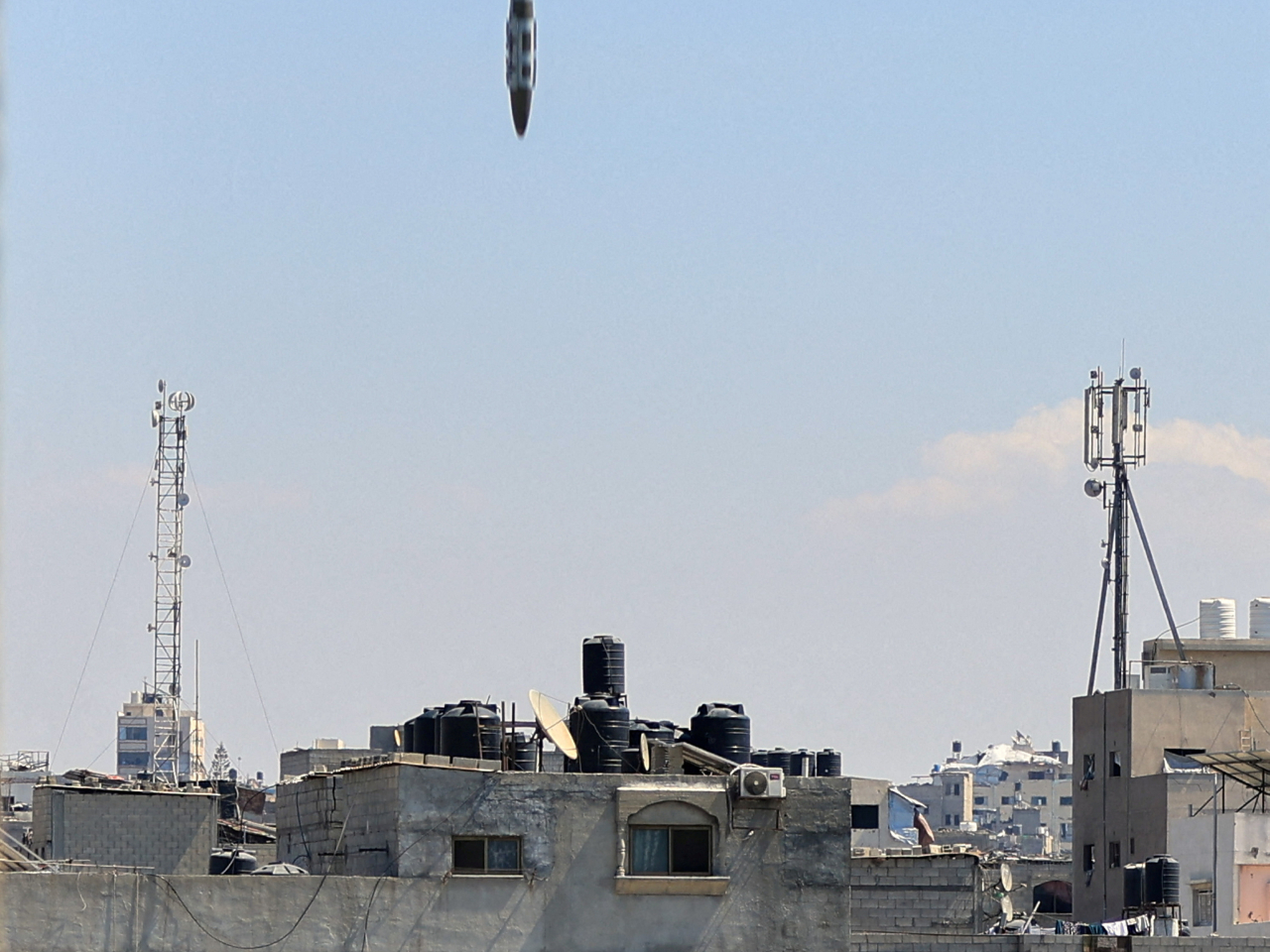 An Israeli missile descends towards a target in Gaza. Much of Israel's weaponry is provided by the United States. Photo: Reuters