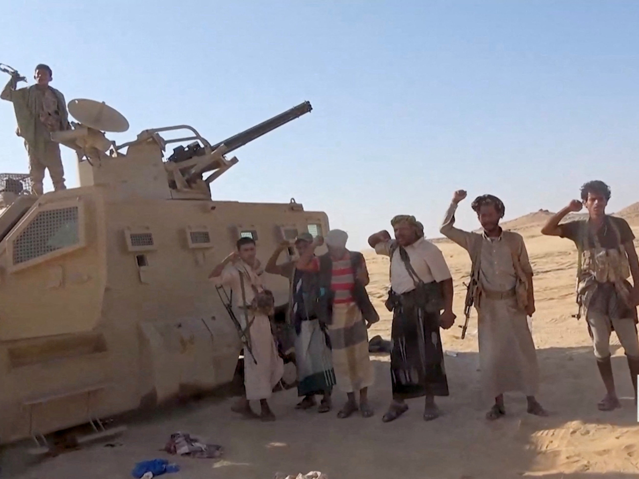 Houthis show a seized Saudi armoured vehicle in al Jawf governorate, Yemen. Photo: Houthi Military Media via Reuters