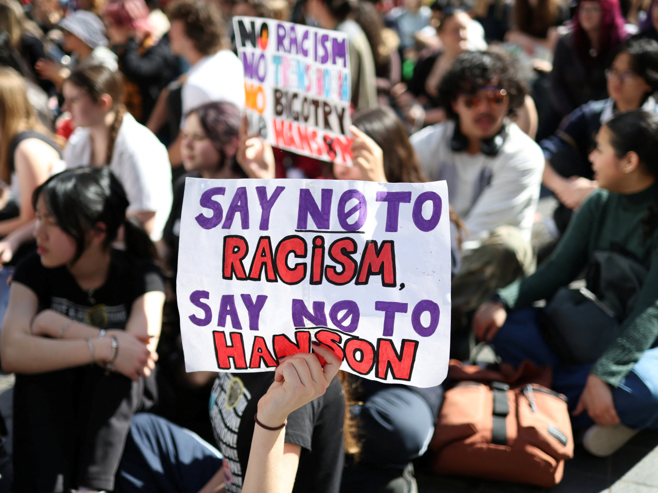Students protest against Senator Pauline Hanson and her One Nation party in Sydney. Photo: Reuters