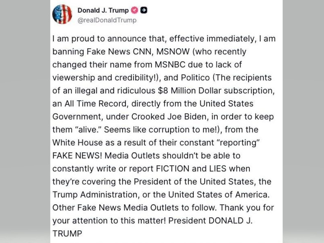 特朗普禁止CNN 、MS Now新聞頻道以及Politico進入白宮，指控他們報道假新聞。（白宮社交平台）