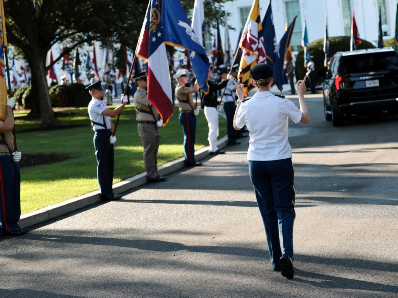 White House personnel and a US military honour guard rehearse at an arrival ceremony for when President Xi Jinping arrives on Wednesday. Photo: Reuters