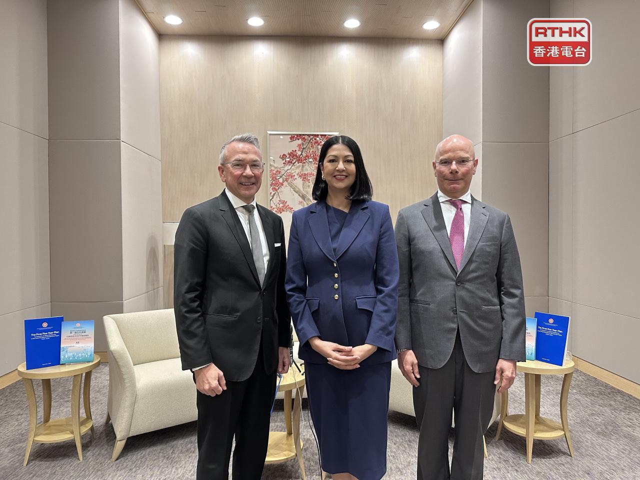 At the joint interview are, from left, Paul McComb, Mary Simpson, Johannes Hack. Photo: RTHK