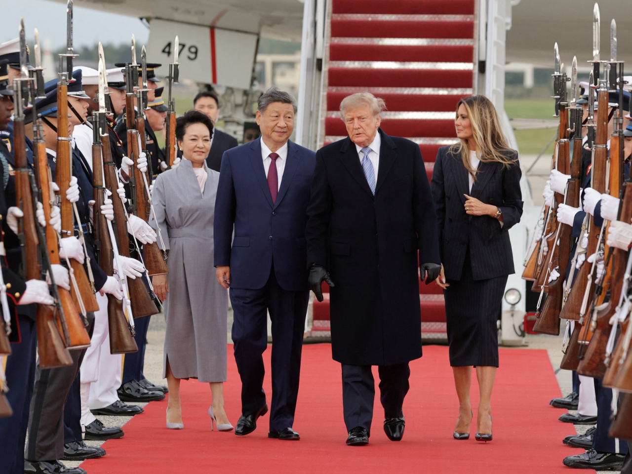 US President Donald Trump broke with protocol to greet President Xi Jinping and First Lady Peng Liyuan on the tarmac at Joint Base Andrews. Photo: Reuters