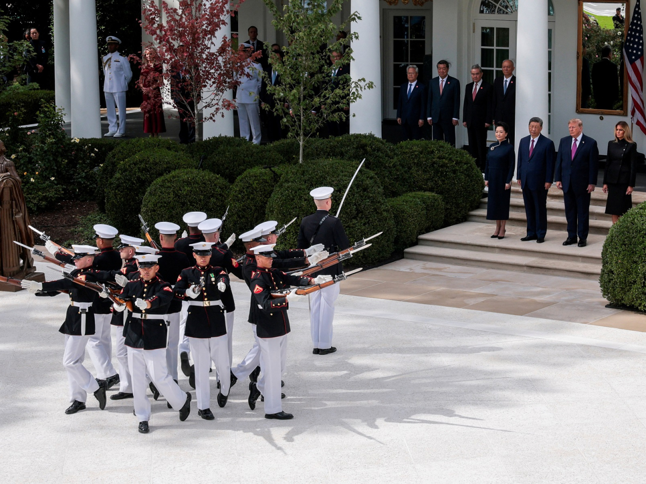 The leaders observed a military ceremony including a flyover at the Rose Garden following their talks. Photo: Reuters