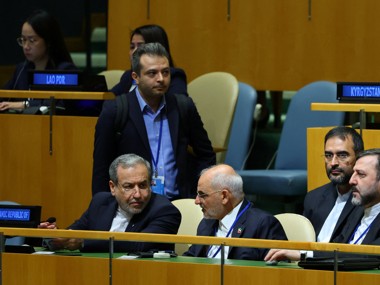 Abbas Araghchi, left, consults a delegation member at the meeting of the UN General Assembly in New York. Photo: Reuters