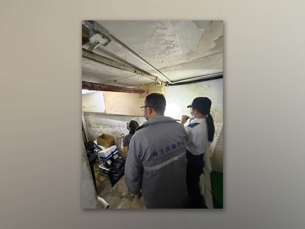 衞生防護中心及食環署人員在病人居住的院舍所在大廈的垃圾房調查鼠患。（政府新聞處）