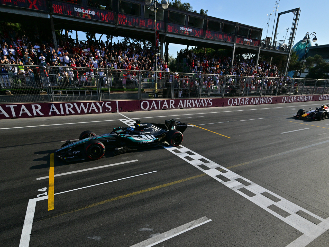 Mercedes' George Russell held off Max Verstappen by one-tenth of a second to win the Azerbaijan Grand Prix in Baku. Photo: Reuters