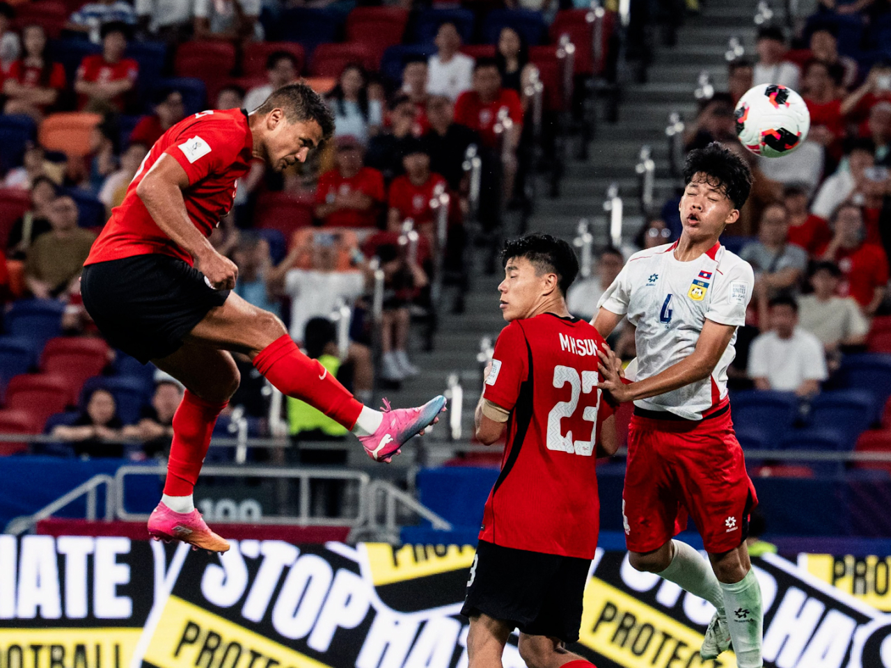 Dudu headed home a corner from Everton Camargo to make it 3-0 for Hong Kong on 55 minutes. Photo courtesy of the Football Association of Hong Kong, China