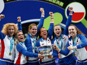 Team Czech Republic celebrate after beating Ukraine to win the Billie Jean King Cup at the Shenzhen Bay Sports Centre Arena. Photo: Reuters