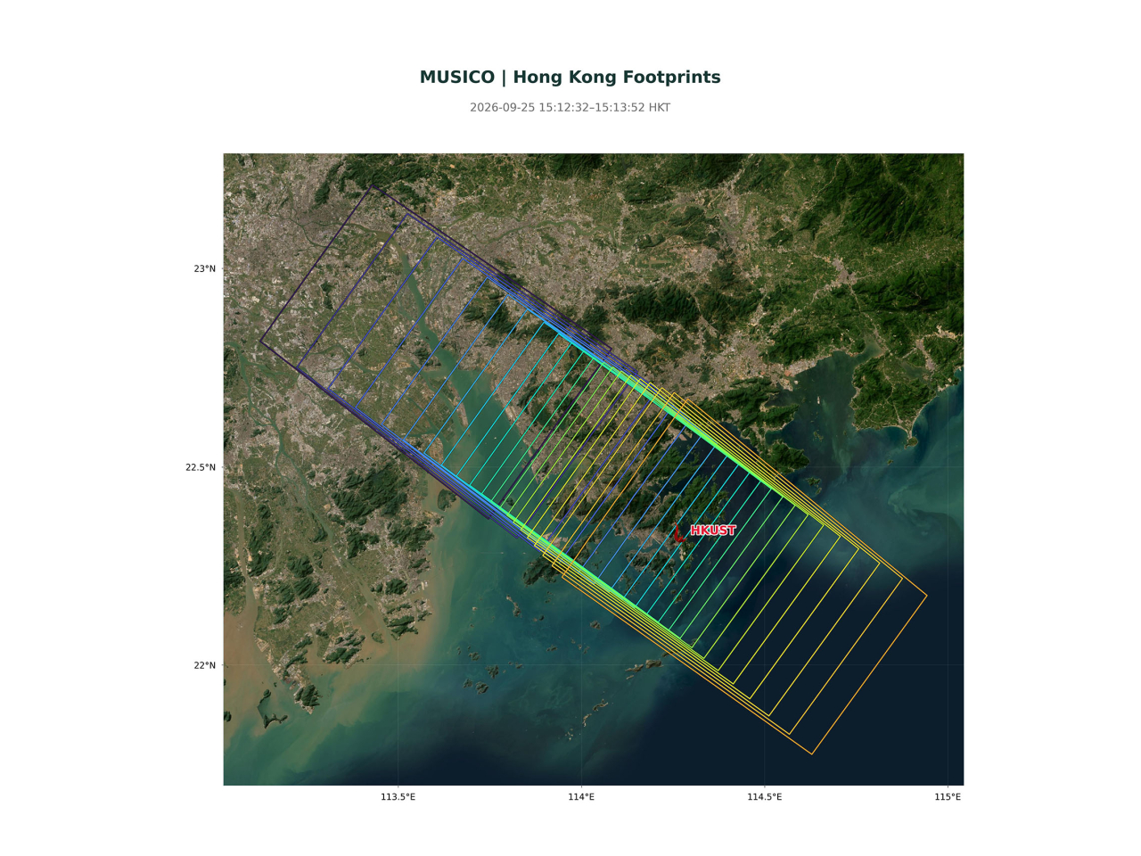 「天韻相機」於2026年9月25日飛越珠江口及香港大部分地區時的地面軌跡。（科大提供）