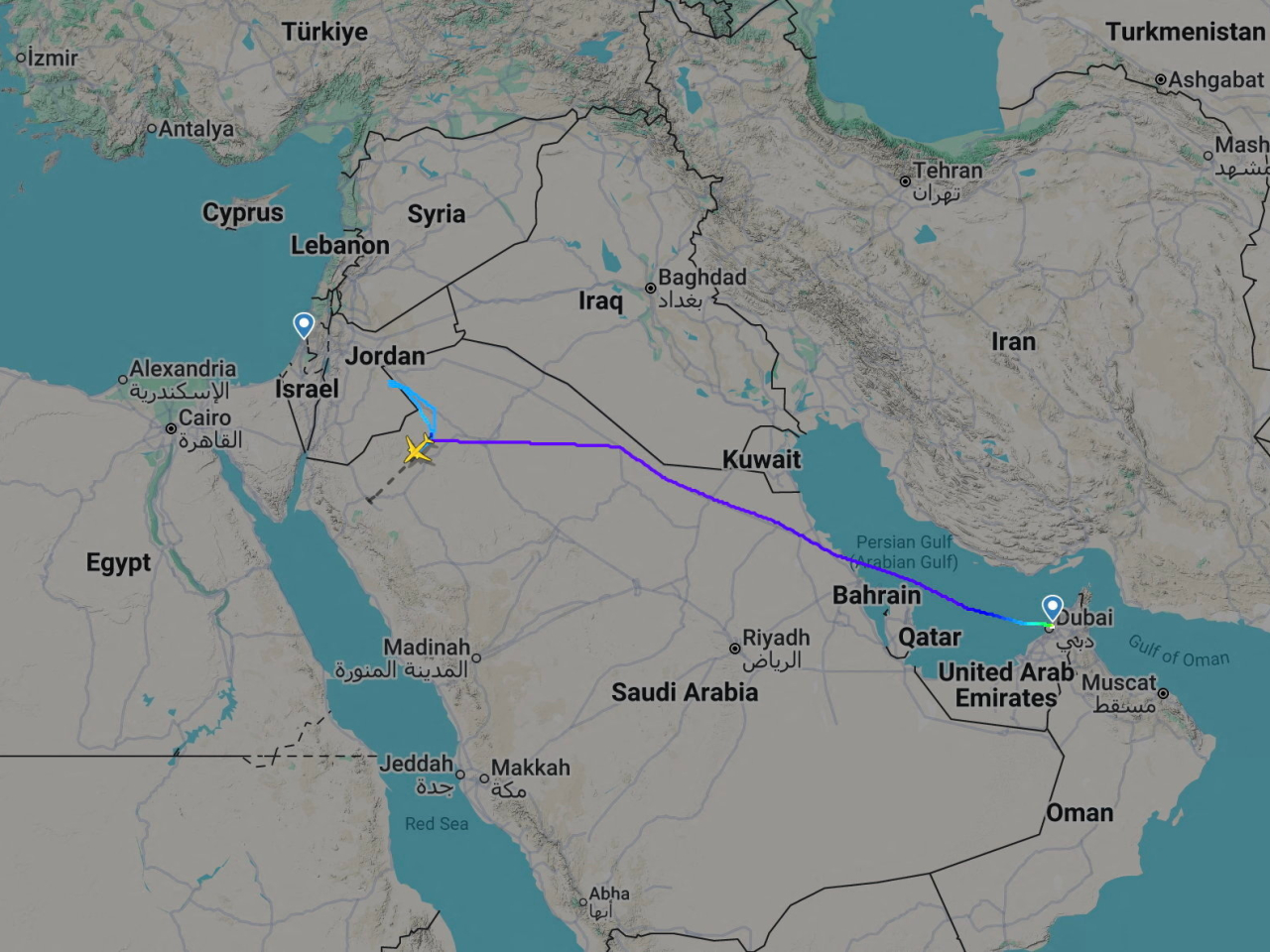 A screengrab taken from Flightradar24 shows a FlyDubai flight to Israel which was diverted to Saudi Arabia. Image: Reuters