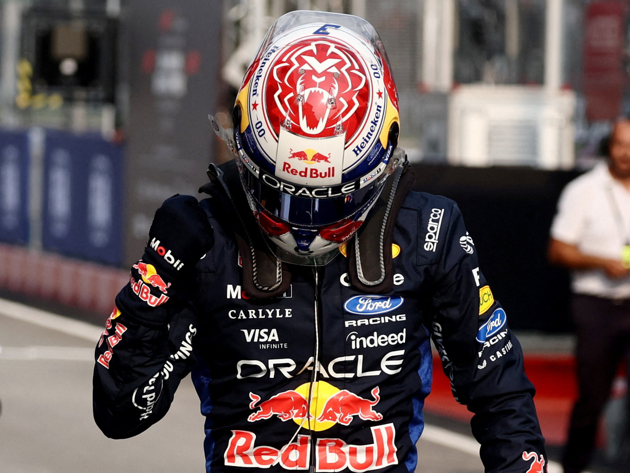 Red Bull's Max Verstappen celebrates after qualifying in pole position. Photo: Reuters