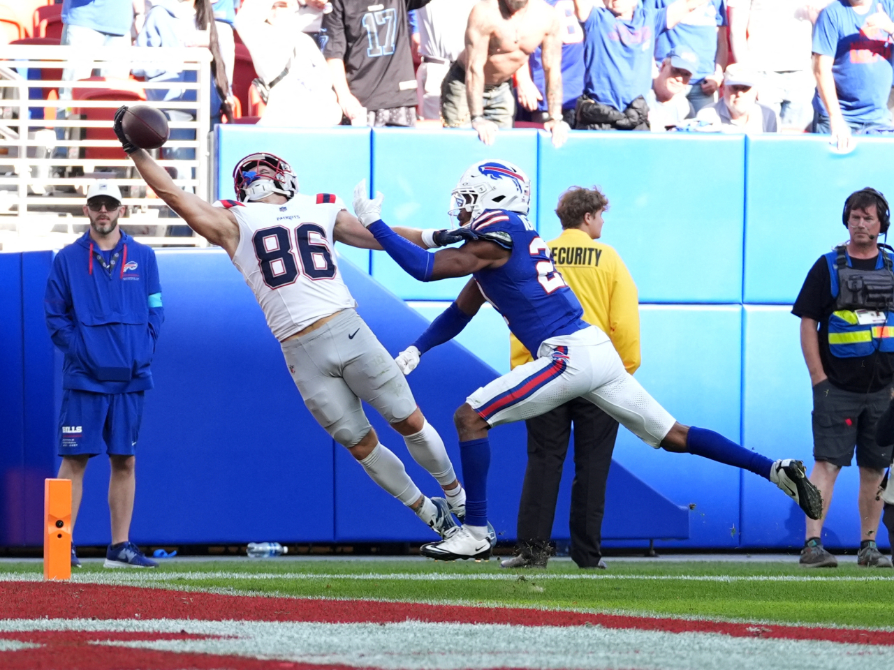 New England Patriots wide receiver Efton Chism makes a catch for a touchdown in the fourth quarter at New Highmark Stadium. Photo: Gregory Fisher-Imagn Images via Reuters