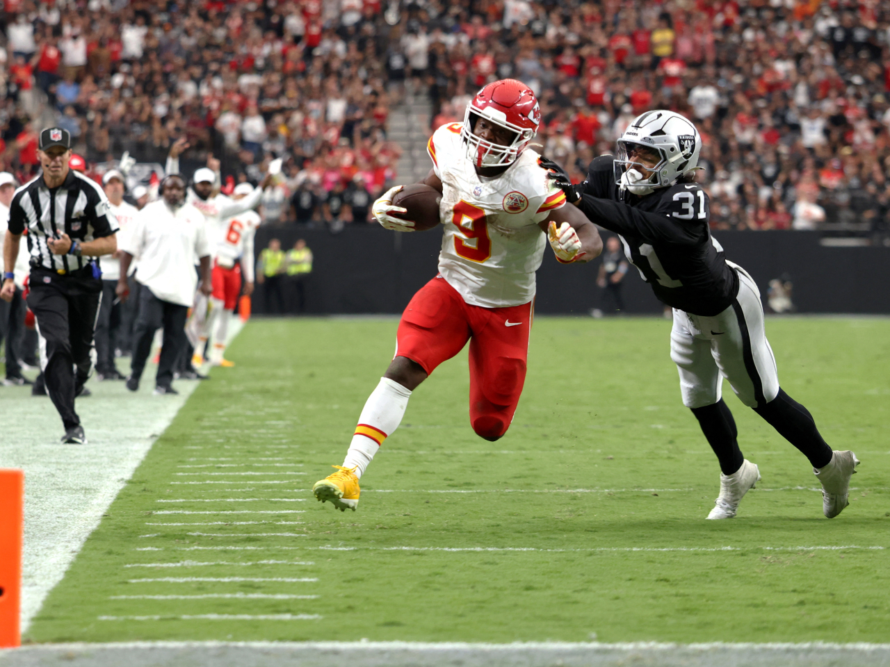 Kansas City Chiefs running back Kenneth Walker runs for a 22 touchdown against Las Vegas in the fourth quarter at Allegiant Stadium. Photo: David Brytus-Imagn Images via Reuters