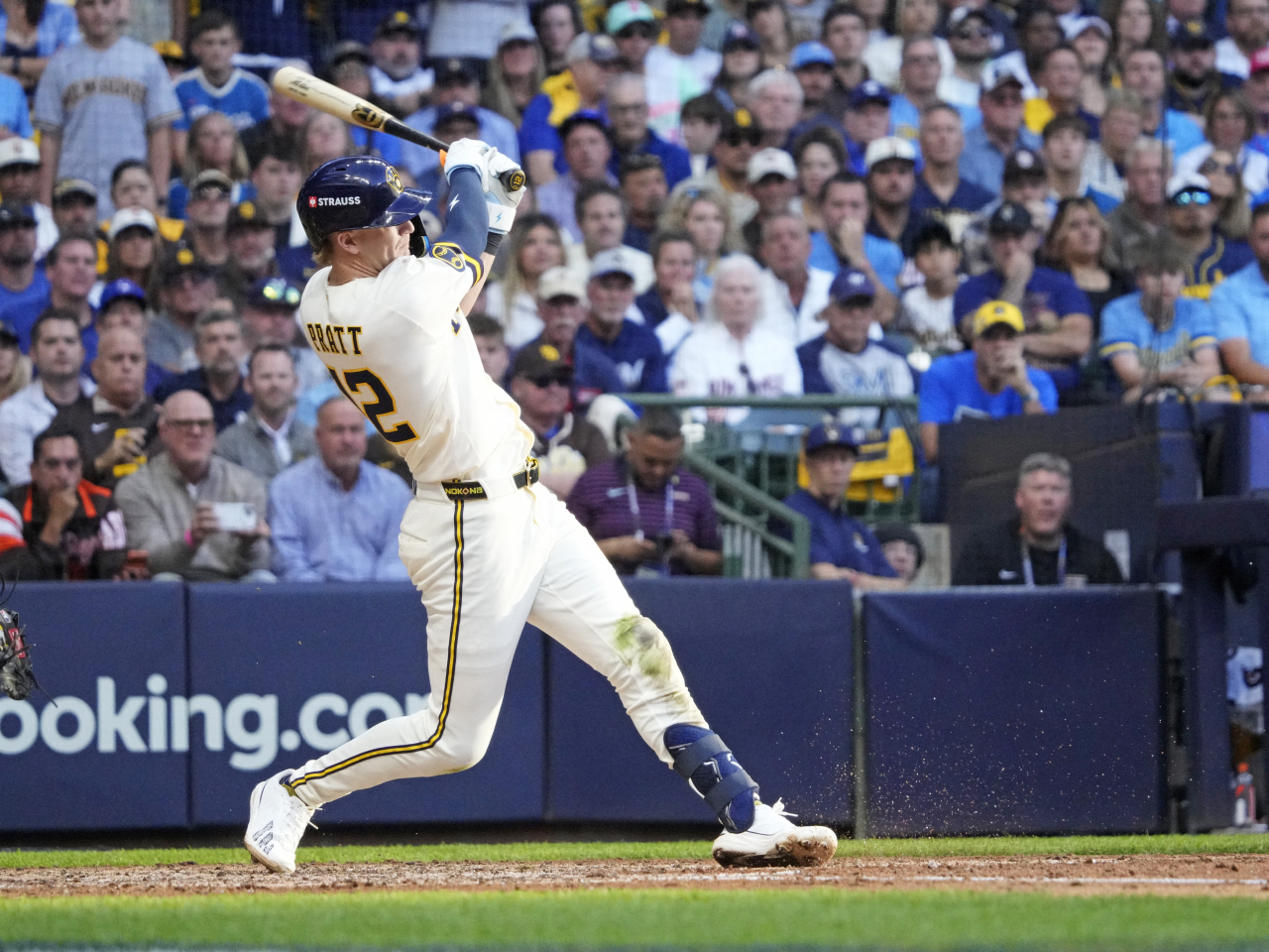 Milwaukee Brewers shortstop Cooper Pratt hits a base hit during the ninth inning against the San Diego Padres in game two of the NLDS for the 2026 MLB Playoffs. Photo: Reuters