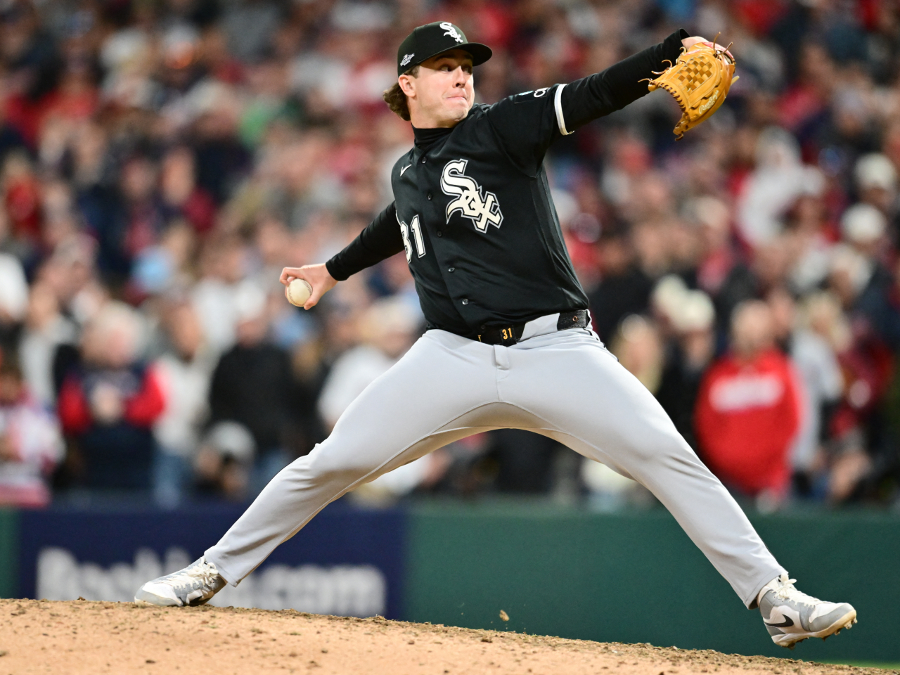 Chicago White Sox pitcher Grant Taylor pitches against the Cleveland Guardians during the ninth inning in game two of the ALDS for the 2026 MLB Playoffs. Photo: Ken Blaze-Imagn Images via Reuters