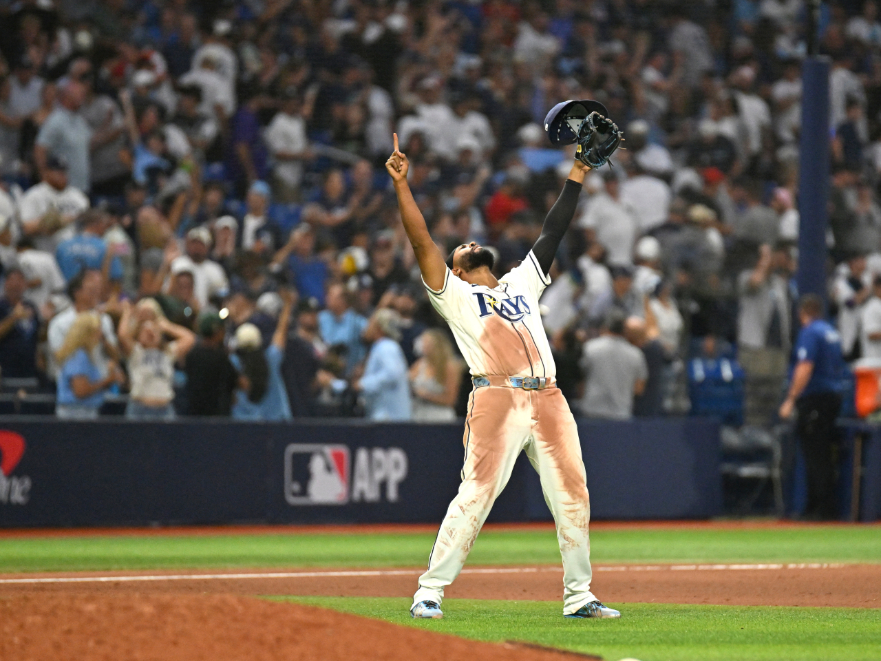 Tampa Bay Rays third baseman Junior Caminero celebrates the win against the New York Yankees in game two of the ALDS for the 2026 MLB Playoffs. Photo: Jonathan Dyer-Imagn Images via Reuters