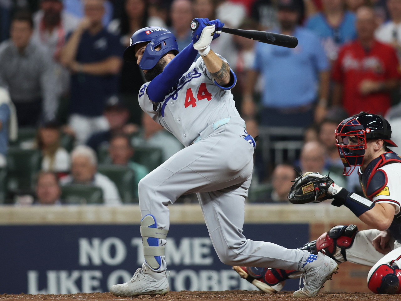 LA Dodgers outfielder Andy Pages hits a two-run single in the seventh inning to spark the series victory in Atlanta. Photo: Reuters