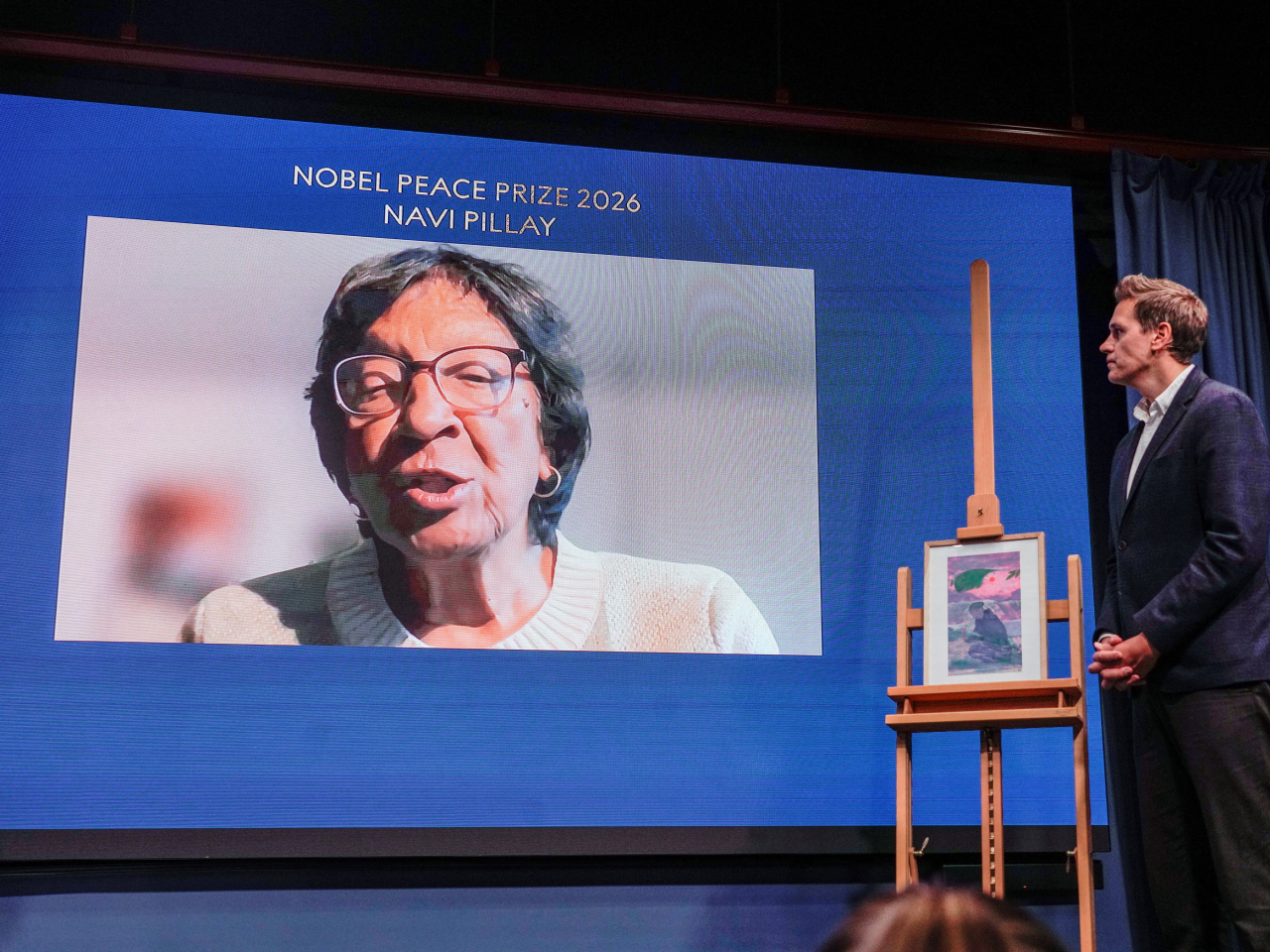 Nobel Committee Chair Jorgen Watne Frydnes and Peace Prize laureate Navi Pillay speak via video link at the Nobel Peace Center in Oslo. Photo: Reuters