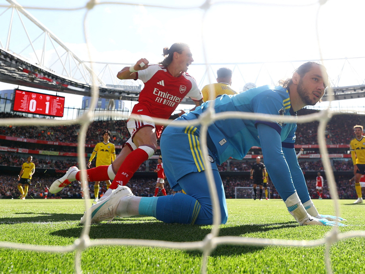 Arsenal's Riccardo Calafiori celebrates scoring their first goal as the Gunners prevailed to beat Leeds 2-1. Photo: Reuters