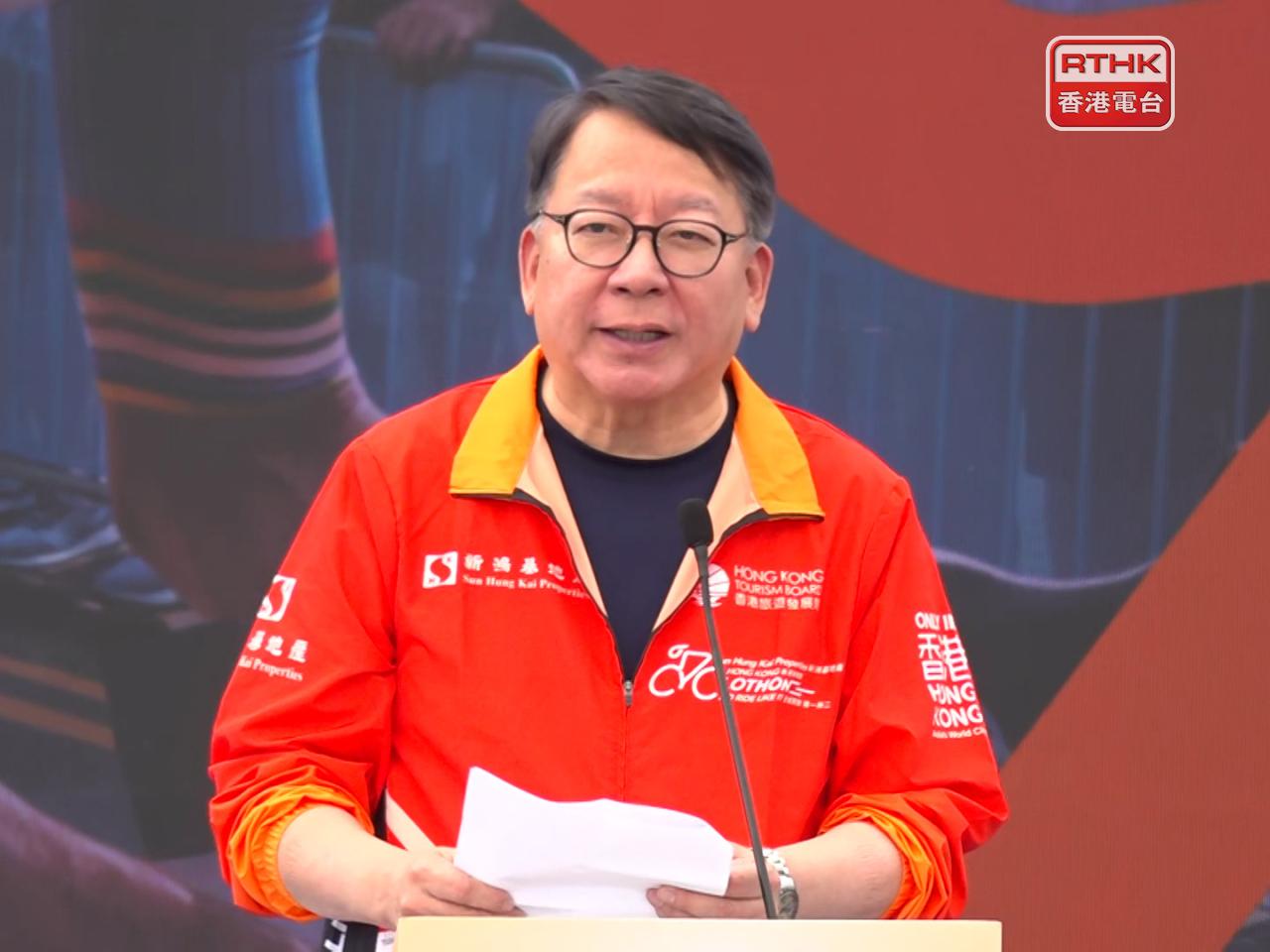 陳國基表示，特區政府將繼續以各項活動和旅遊串連，增加對海外旅客的吸引力。（彭冠中攝）
