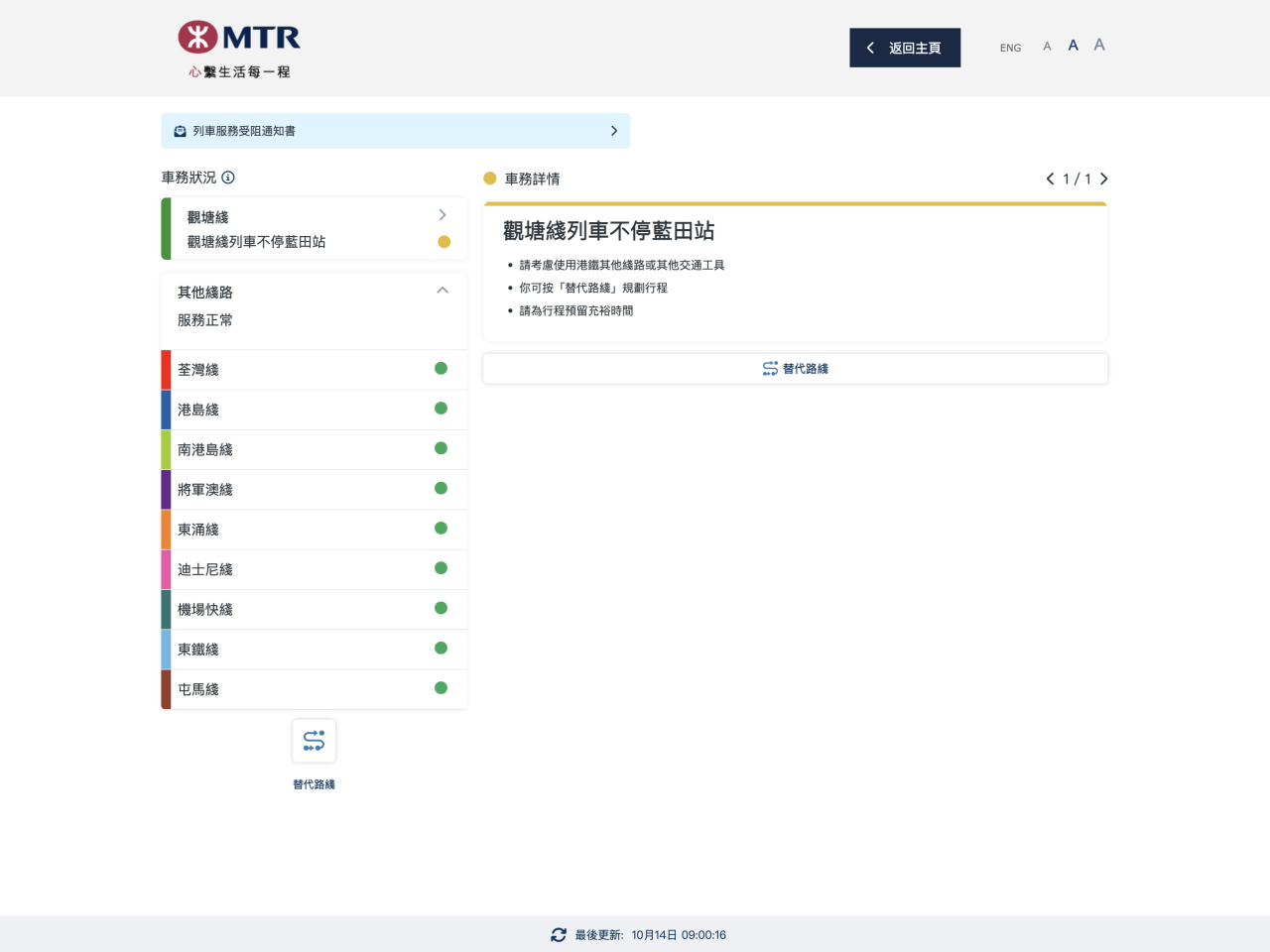 港鐵表示，由於藍田站月台有設備冒煙，現時觀塘綫列車不停藍田站。（港鐵網站截圖）