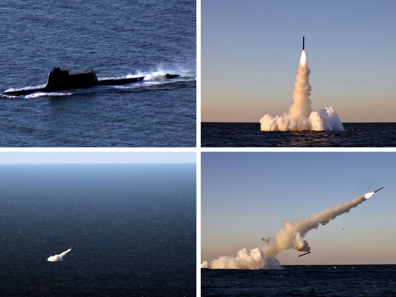A combination picture shows what KCNA says are two types of submarine-launched strategic cruise missiles being tested off DPRK's east coast. Photo: KCNA via Reuters