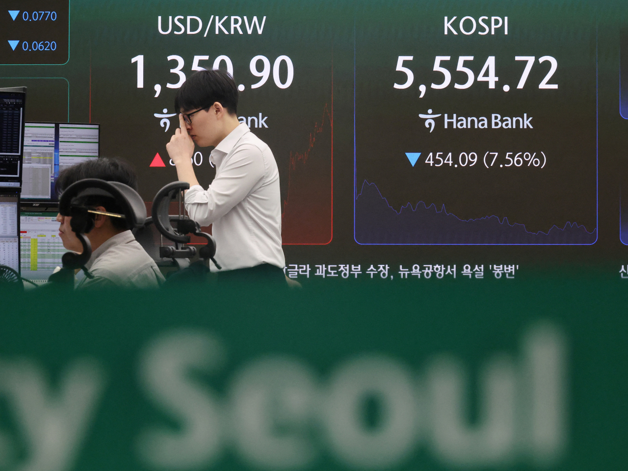 The Kospi ended down 454 points, or 7.57 percent, at 5,554 in Seoul on Thursday. Photo: Reuters