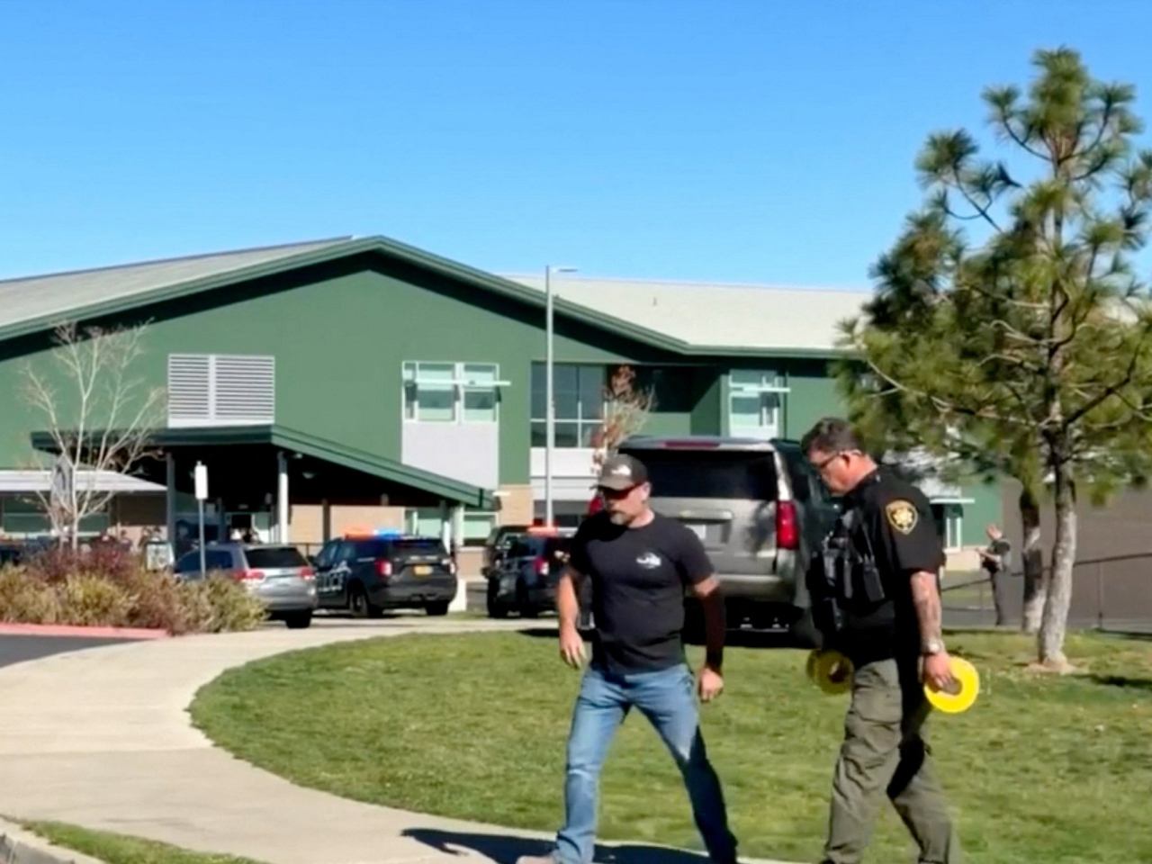 Emergency responders operate at the scene of a shooting at Silver Rail Elementary School in Bend, Oregon. Screengrab: handout via Reuters