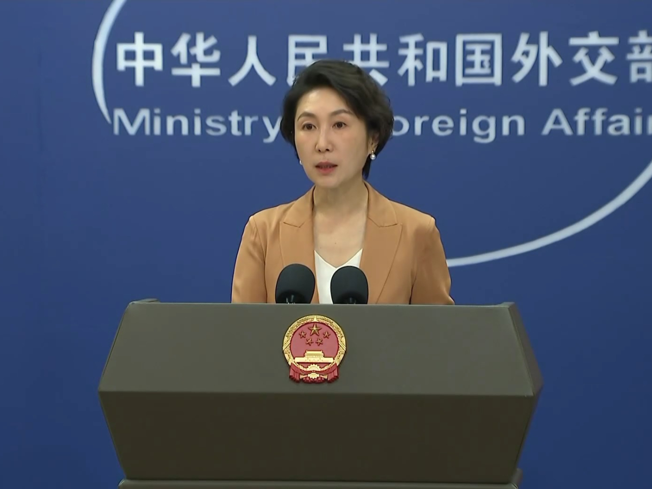 毛寧表示，美方理應切實履行核裁軍的特殊優先責任。（央視片段截圖）