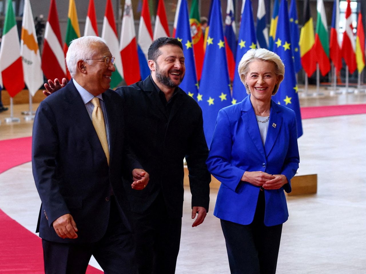 From left, European Council President Ant&oacute;nio Costa, Ukrainian President Volodymyr Zelensky and European Commission President Ursula von der Leyen attend an EU summit in Brussels. Photo: Reuters