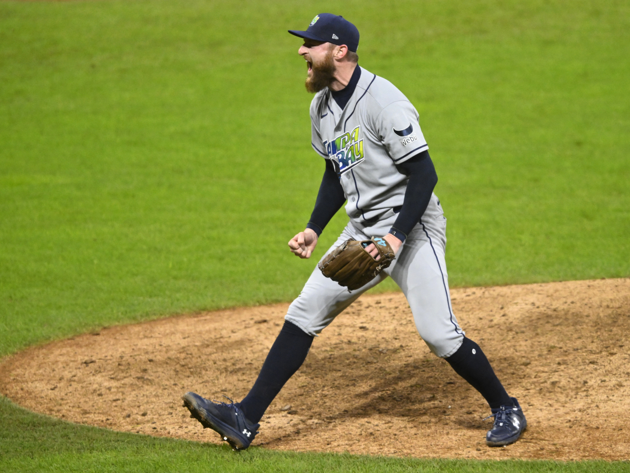 Tampa Bay Rays pitcher Bryan Baker celebrates the win against the Cleveland Guardians in game four of the ALCS for the 2026 MLB Playoffs. Photo: Reuters