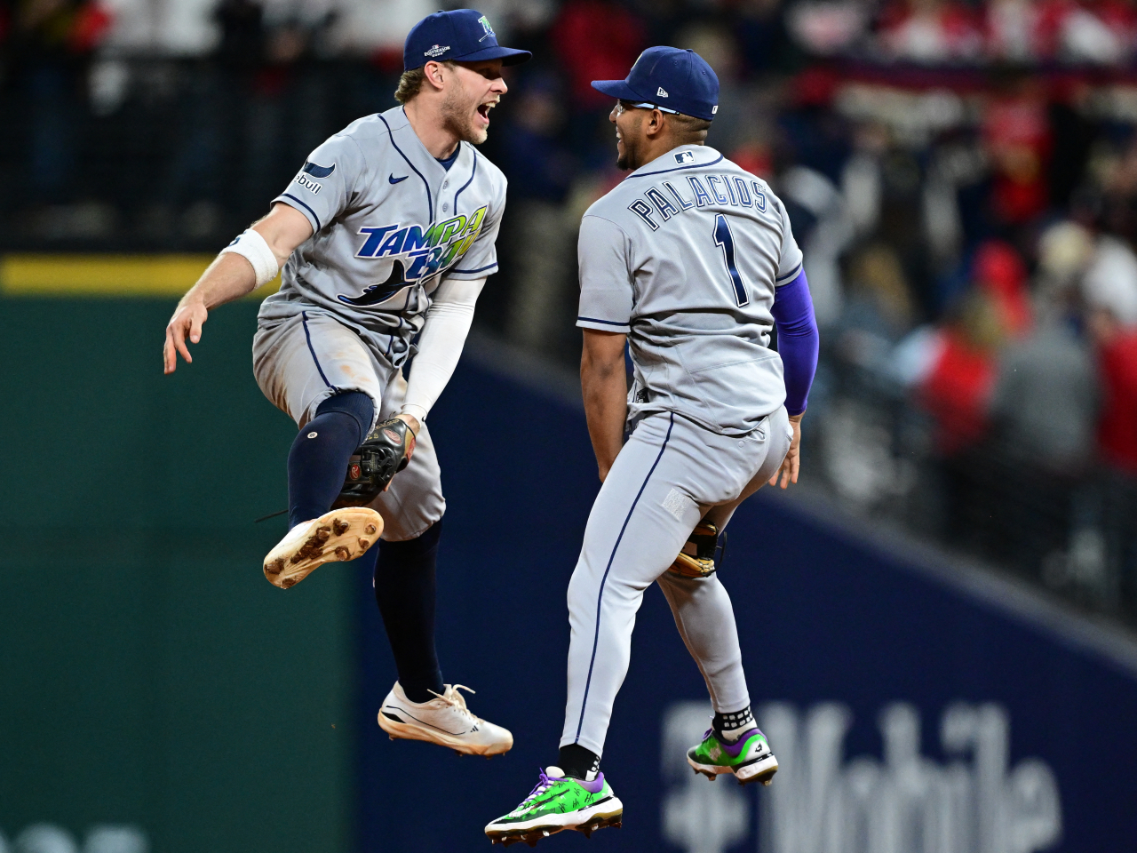 Tampa Bay Rays shortstop Taylor Walls and second baseman Richie Palacios react after defeating the Cleveland Guardians in game five of the ALCS. Photo: Reuters