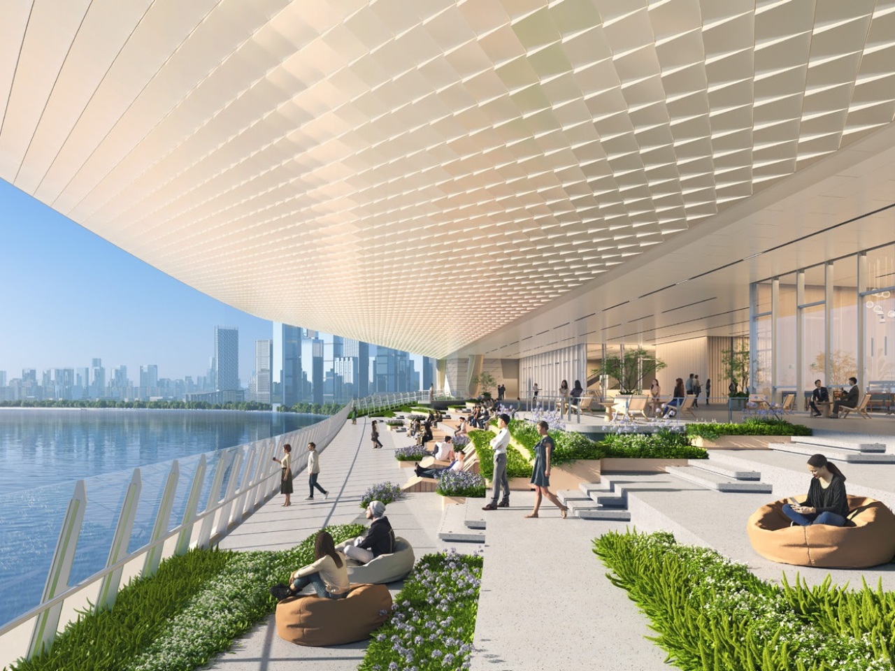 場館融合自然生態、城市景觀與文博空間建築以跨度95米的鋼管混凝土拱架為核心結構。（前海博物館提供）
