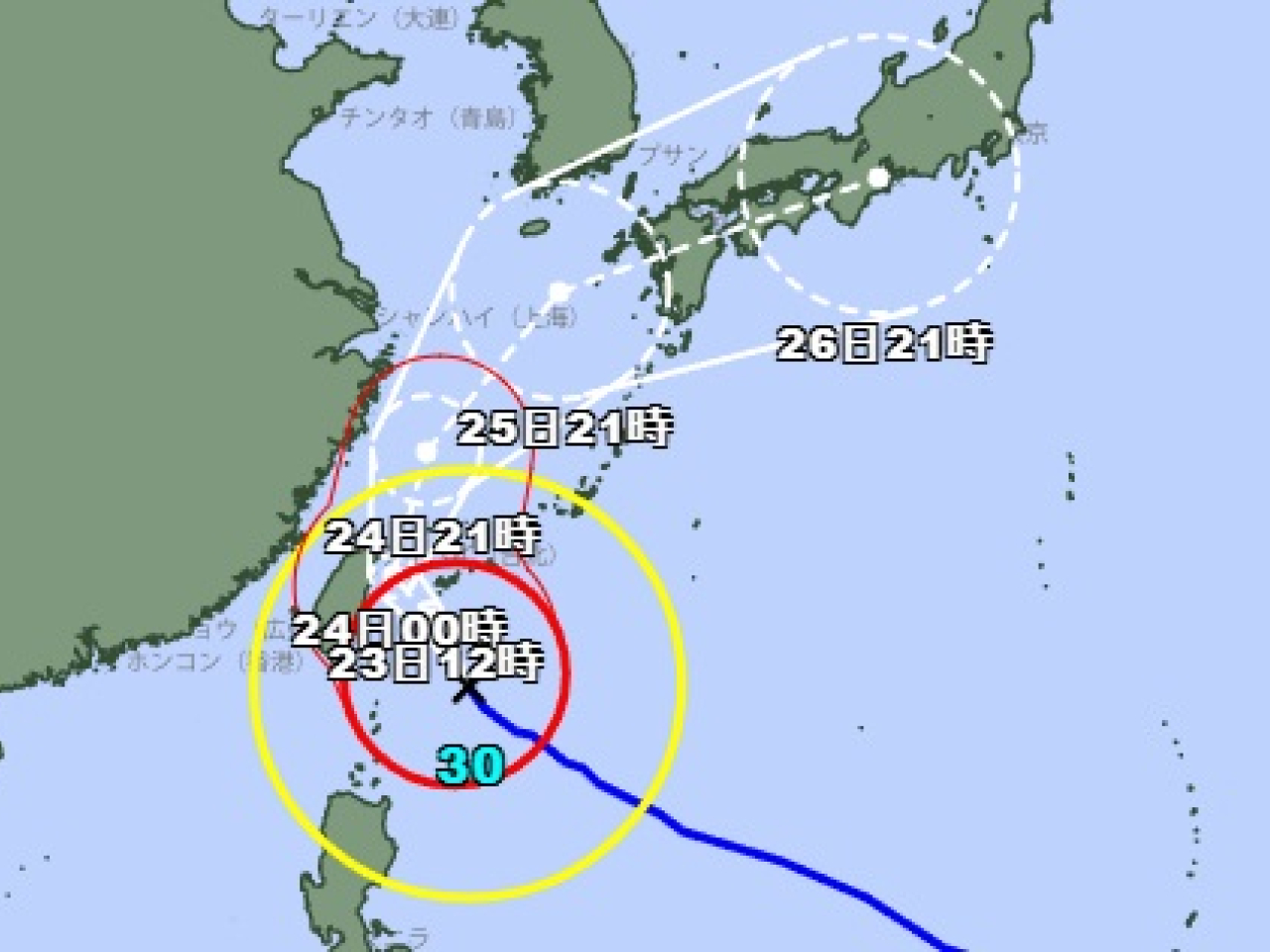 預料日本沖繩會出現惡劣天氣，24小時雨量最多可達到200毫米，並可能會出現能夠吹塌建築物的強風。（日本氣象廳網站截圖）