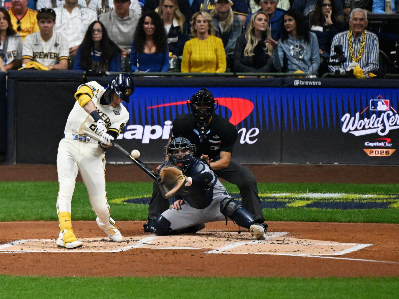 Christian Yelich hits the game-winning triple against Tampa Bay Rays in Milwaukee. Photo: Matt Marton-Imagn Images via Reuters