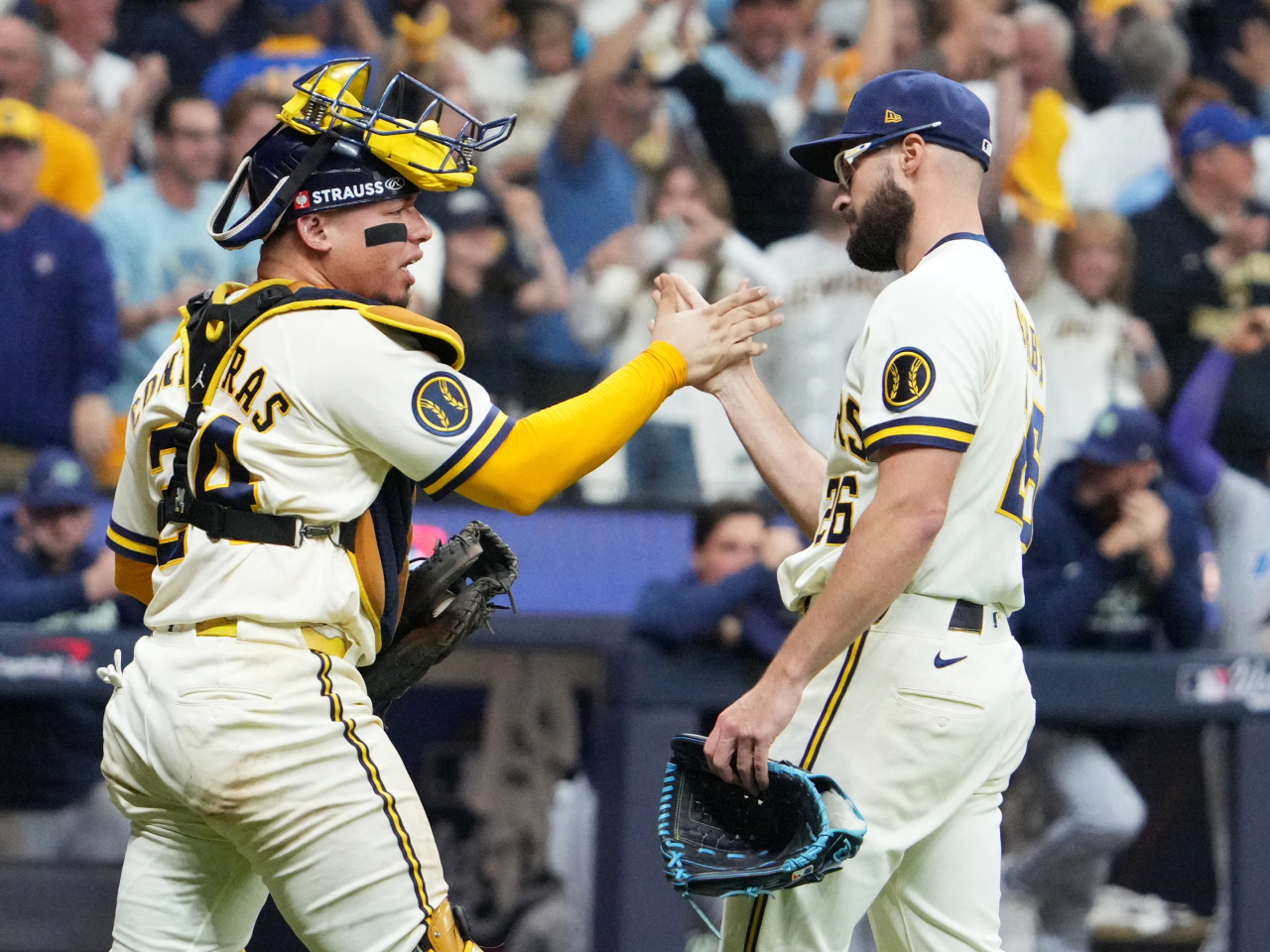 Milwaukee Brewers pitcher Aaron Ashby and catcher William Contreras celebrate after defeating the Tampa Bay Rays in game two of the 2026 World Series. Photo: Reuters