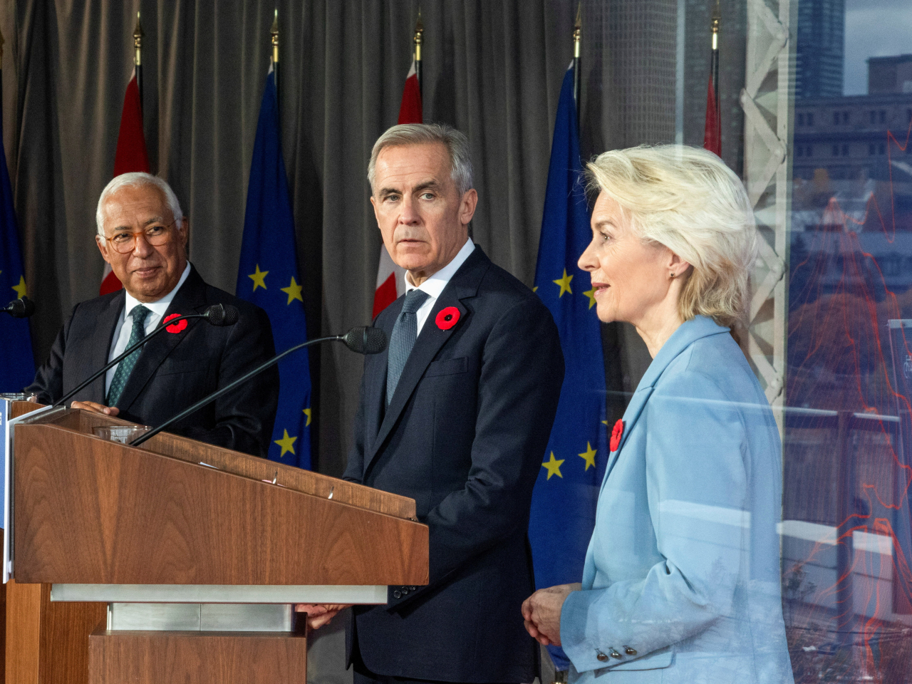 European Council President Antonio Costa, Canada's Prime Minister Mark Carney and European Commission President Ursula von der Leyen hold a press conference. Photo: Reuters